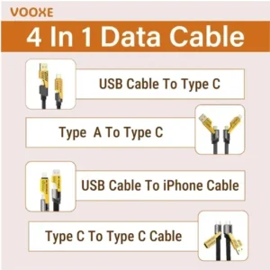 4 in 1 Data Cable Pack of 2 – USB-C & Lightning Connectors, Braided Durable Design, Fast Charging & Data Transfer, Black with Yellow Connectors