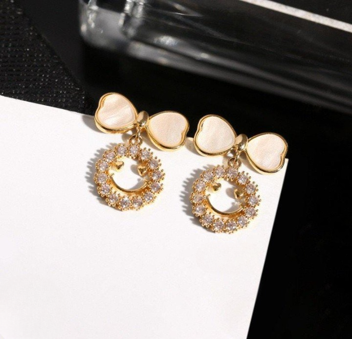 PXT-988 Smiley Face Zircon Korean Earrings – Elegant Bow & Crystal Circle Design - Available In Goden And Silver Color - Image 4