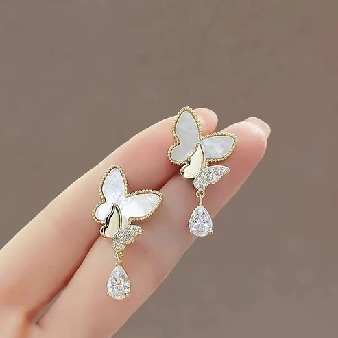 Double Butterfly Hanging Pearl Earings / Earrings Women's Earrings for Gift / for girls - Image 2